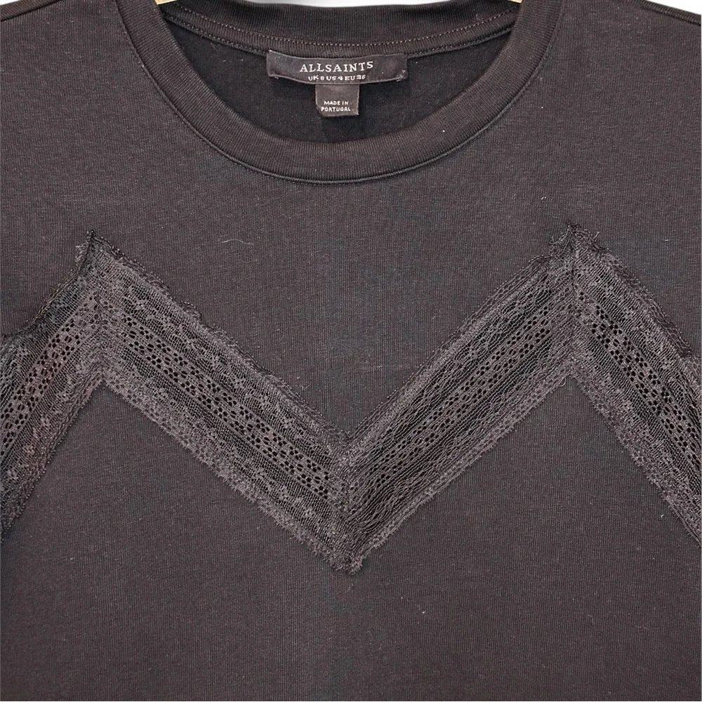 All Saints- Black 100% Cotton Lina Lace T-Shirt - Size US4, UK8, EU36 - Picture 4 of 9